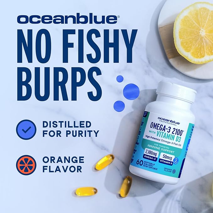 Oceanblue Professional Fish Oil with Vitamin D3 | Triple Strength 2100mg Omega-3 DPA EPA DHA | Wild Caught | Burpless Orange Flavor | 180 Softgel Capsules