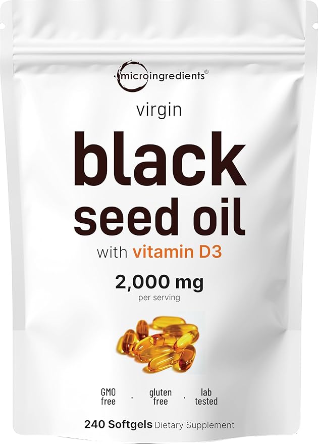 Micro Ingredients Black Seed Oil with Vitamin D3 1000 IU 240 Softgels | 2000 mg Black Seed Oil Per Serving | Nigella Sativa Oil | 2-in-1 Unrefined Seed Oil Formula | Non-GMO cGMP Manufactured