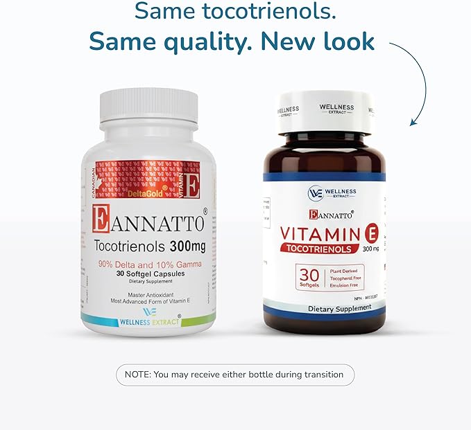 WELLNESS EXTRACT Eannatto Tocotrienols Vitamin E Supplements Tocopherol Free Non-GMO Gluten Free &amp Antioxidant (300MG 30 Softgels)