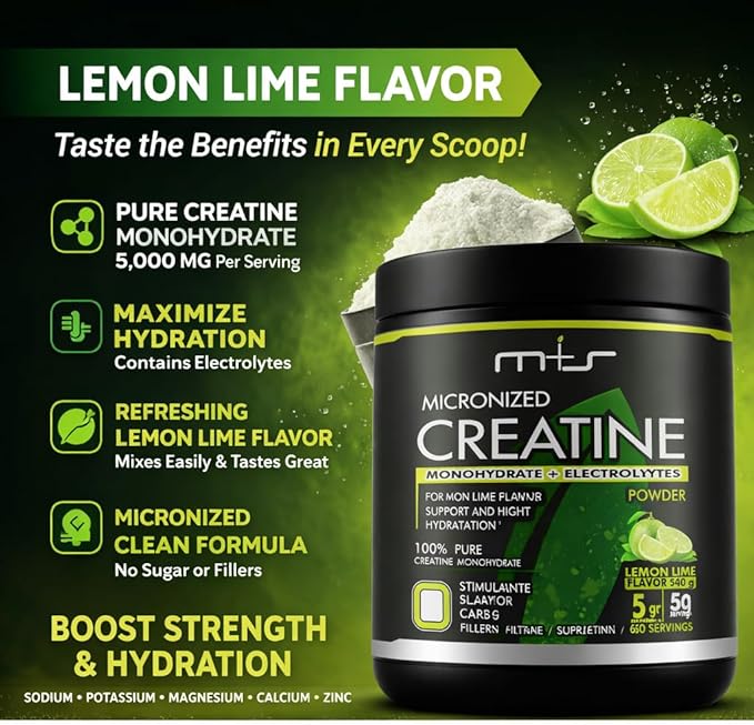 M+S Micronized Creatine Monohydrate Powder with Electrolytes – 5g Creatine per Serving Lemon Lime Flavor – Highly Soluble Creatine Powder for Hydration Support – Sugar Free 60 Servings