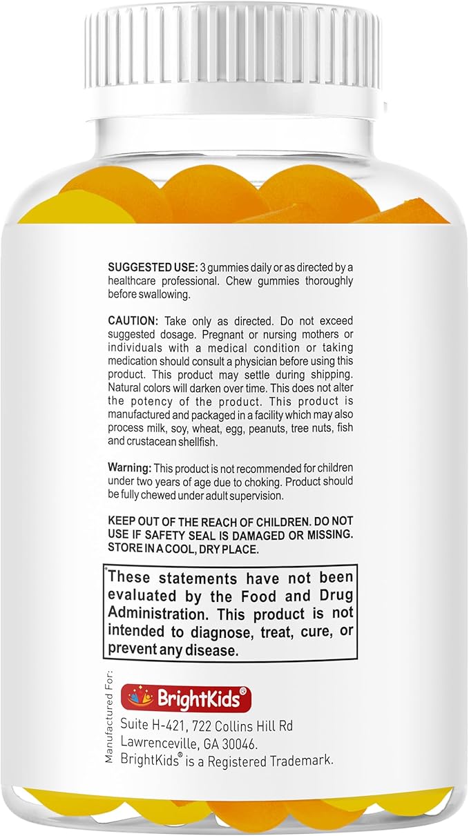 BrightKids Brain Supplements for Memory and Focus Omega 3 &amp DHA Focus Gummies for Kids Memory Booster Focus Supplement for Kids &amp Teens- Low-Sugar Natural Fruit Flavor 60 Gummies