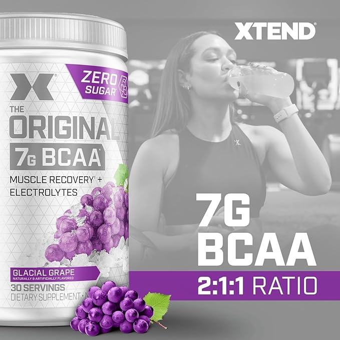 Xtend Original BCAA Powder 7g BCAAs and 2.5g L-Glutamine for Muscle Recovery Hydration and Lean Muscle Sugar Free Intra and Post Workout Drink with Electrolytes Glacial Grape 30 Servings