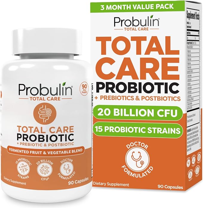 Probulin Total Care Probiotic Supplement Daily Gut Digestive and Immune Health Probiotics Capsules for Men and Women 20 Billion CFU Vegan 90 Count Bottle
