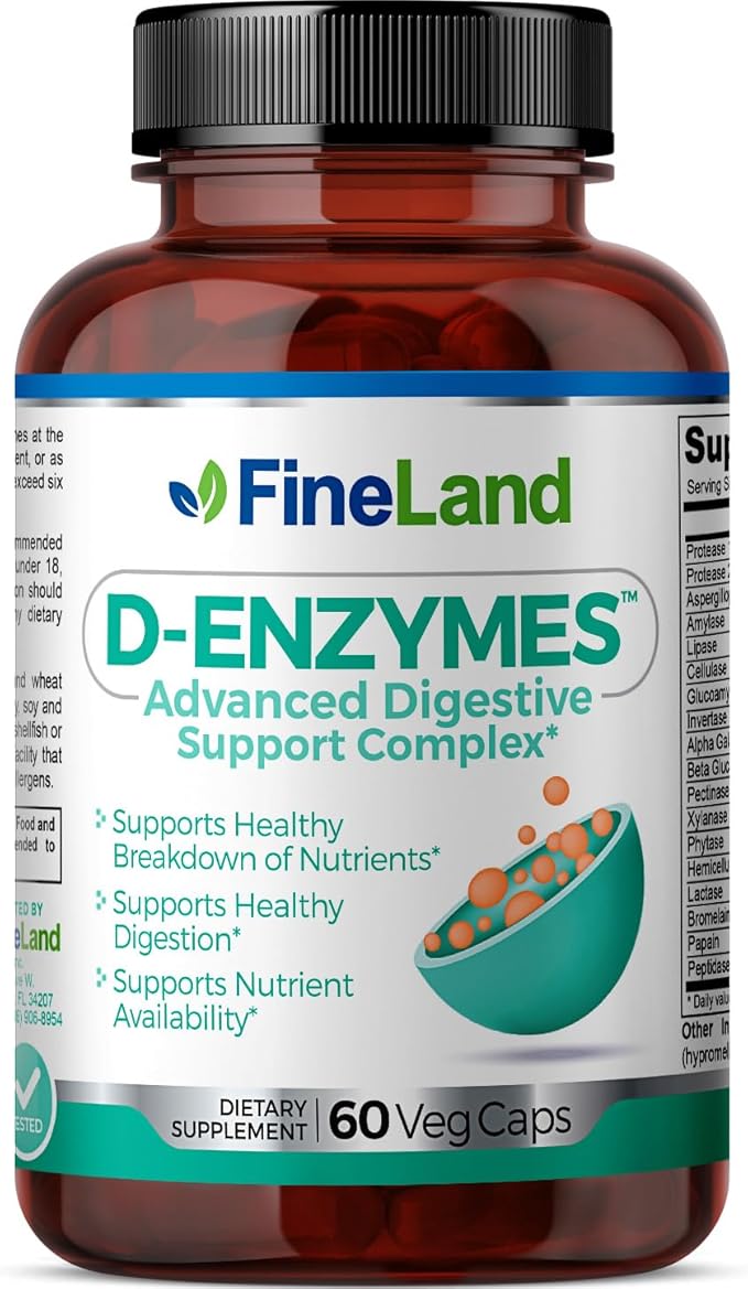 FineLand D-ENZYMES Advanced Digestive Support Complex Breakdown of Nutrients Digestion Hemicellulose Peptidase 60 Capsules/ 60 Servings