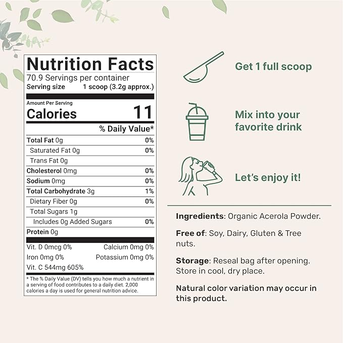 2 Pack of Pure USDA Organic Acerola Cherry Powder Natural and Organic Vitamin C for Immune System 8 Ounce No GMO No Gluten Brazil Origin