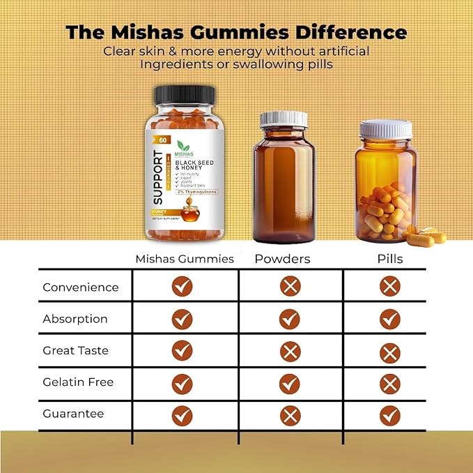 Mishas Nutraceuticals Black Seed Oil and Honey Gummies 2% Thymoquinone Immune Support Joint Health 60 Count