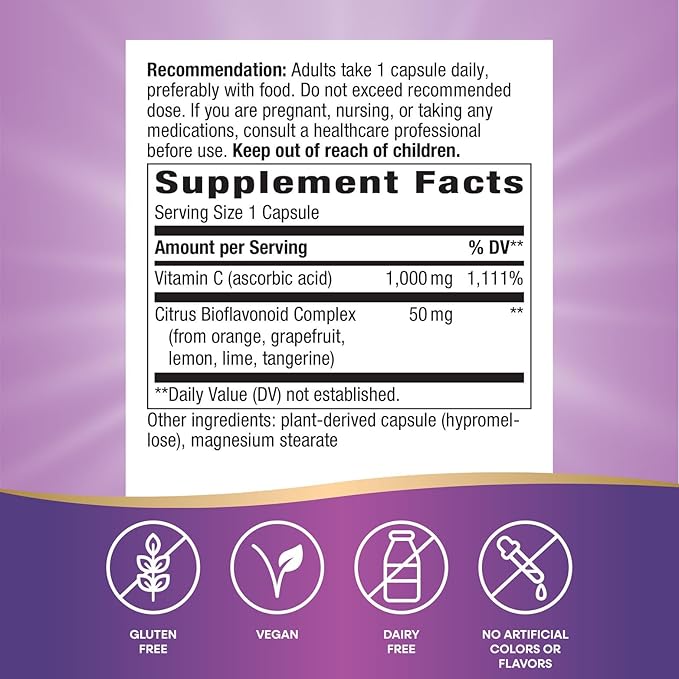 Nature's Way Extra Strength(1) Vitamin C with Bioflavonoids Supports Immune Health* Promotes Collagen Production for Healthy Skin* 1000 mg per Capsule 250 Vegan Capsules (Packaging May Vary)