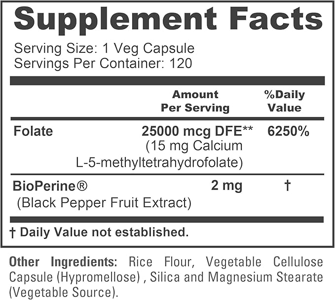 NusaPure L Methylfolate 15mg 120 Veggie Capsules Bioperine &amp Vegan