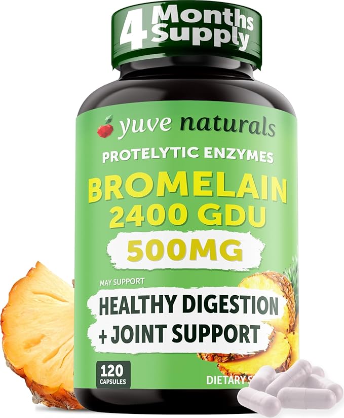 Yuve High Potency Bromelain 500mg 2400GDU Digestive Enzymes - Gut &amp Joint Health from Pineapple - Helps Digesting Proteins - Plant-Based Non-GMO 3rd Party Tested - 120 Capsules