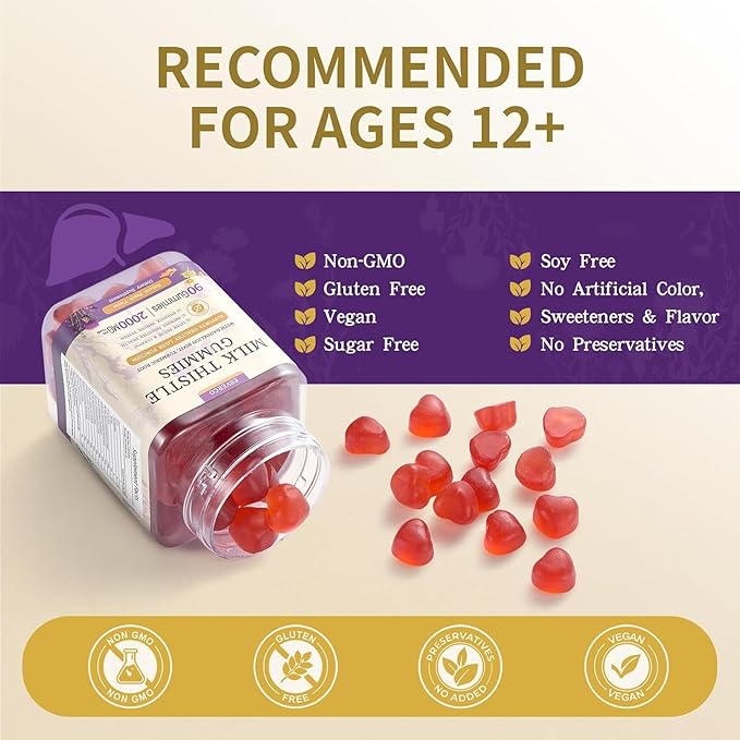 Milk Thistle Gummies with 2000MG Extract Liver Health Support Gummies Silymarin Milk Thistle Supplement with Artichoke Dandelion Turmeric Curcumin No Sugar for Adults Vegan 180 Count