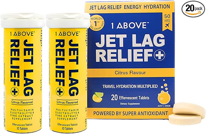 1ABOVE Jet Lag Relief Tablets - Citrus-Flavored Effervescent Multivitamin with Pycnogenol Travel Supplement for Hydration Energy Immune Support and Faster Recovery - Flight Essential 20 Tablets
