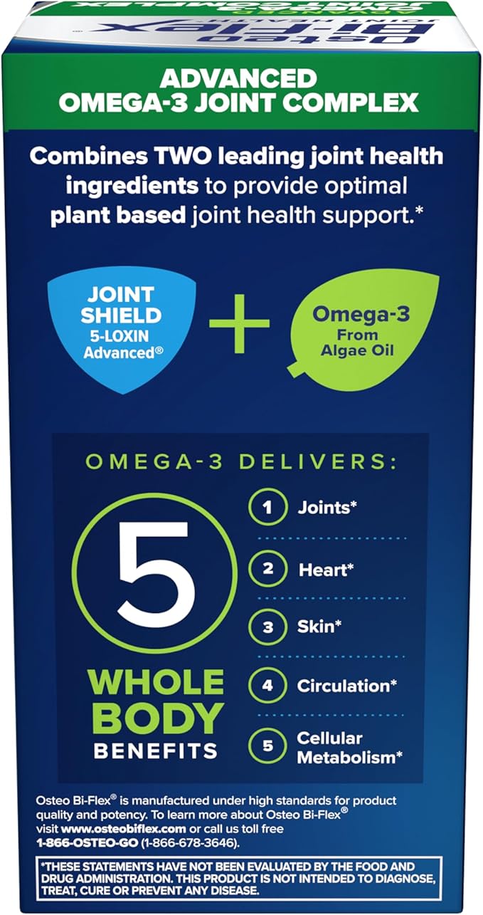 Osteo Bi-Flex Advanced Omega-3 Joint Complex Algae Oil Plant-Based Supplement Improve Joint Function Strength Flexibility Mobility 80 Softgels