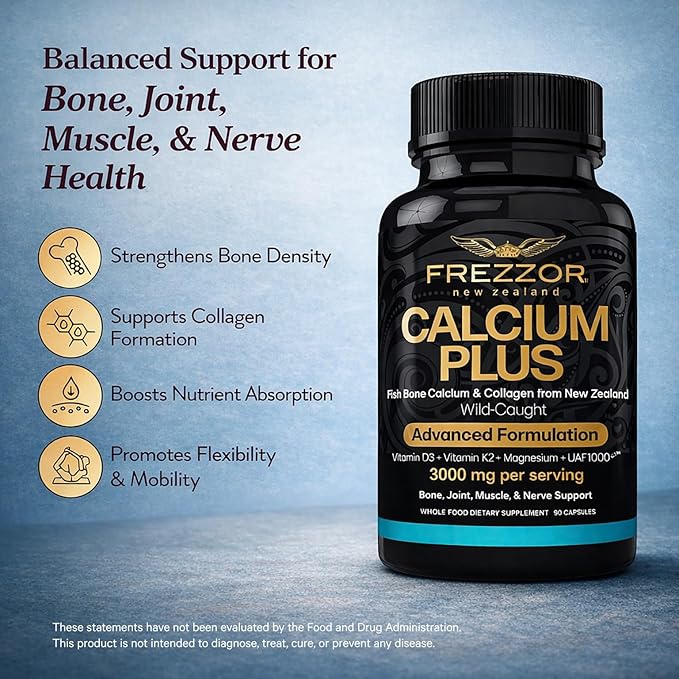 FREZZOR Calcium Plus with UAF1000+ New Zealand Natural Raw Calcium Supplement for Bones Teeth Gut Health &amp Cardiovascular Support Phosphorus Magnesium Collagen Selenium 90 Capsules 1 Bot