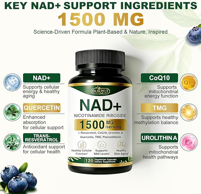 NAD+ Supplement 1500mg NR NMN Replacement with Resveratrol Urolithin A CoQ10 &amp Quercetin - NAD Plus for Cellular Energy Healthy Aging &amp Stamina for Women &amp Men - 120 Capsules -2pcs