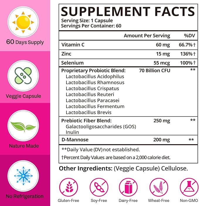 Vaginal Probiotics 70 Billion CFU Probiotics for Women 13-in-1 Womens Probiotic &amp Organic Prebiotics for Vaginal Urinary pH Balance Immune Gut &amp Digestive Bloating Health - 2 Months Sup