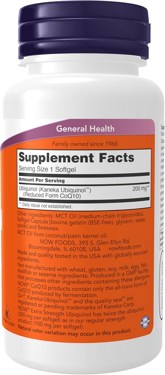 NOW Supplements Ubiquinol 200 mg High Bioavailability (the Active Form of CoQ10) 60 Softgels