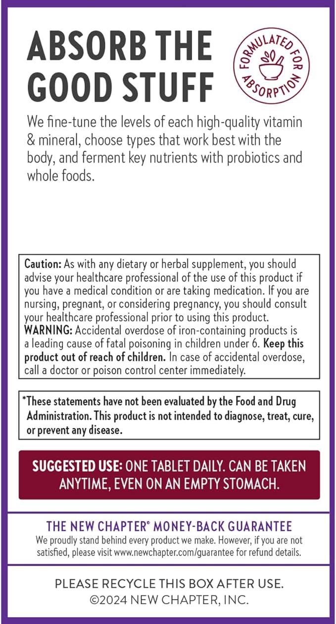 New Chapter Iron Supplement Whole-Food Fermented Iron Complex Made with Organic Vegetables &amp Herbs + One Daily Non-Constipating Dose- 90ct 3 Month Supply