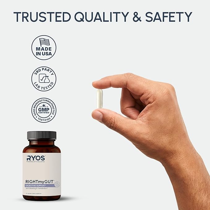 Digestive Enzymes for Bloating &amp Gas – Supports Food Breakdown &amp Nutrient Absorption – 6 Enzymes + 3 Probiotics – Complete GI Health Supplement - RIGHTmyGUT Daily Digestive Support – 60 Vegan