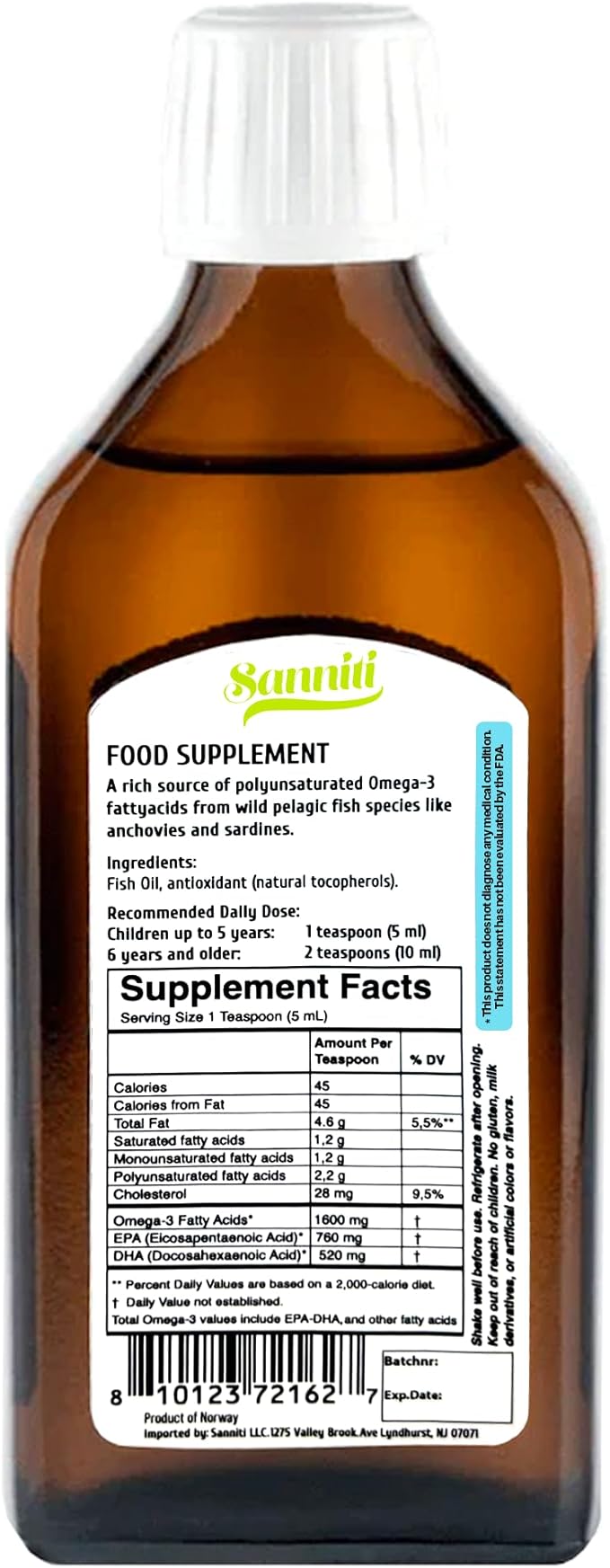 Sanniti 100% Natural Omega-3 Liquid | A Rich Source of EPA Fatty acids | Vitamins A &amp D3 | Product of Norway Sourced from Anchovies Sardines and Other Wild Fish 8.45 fl. oz
