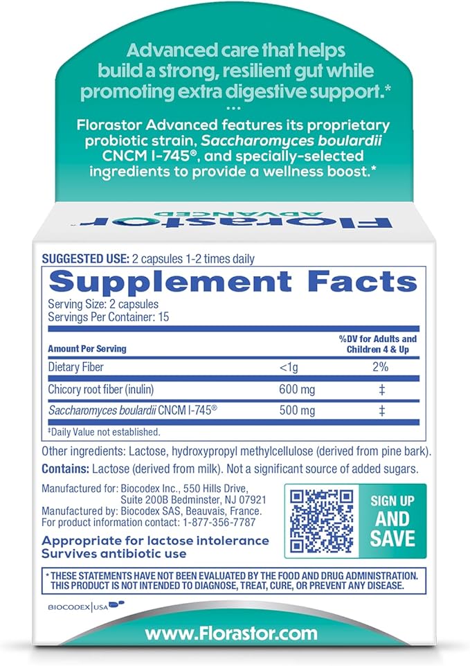 Florastor Advanced Pro+Pre Daily Probiotic and Prebiotic Supplement for Women and Men Boosts Good Bacteria Saccharomyces Boulardii CNCM I-745 (30 Capsules) (Pack of 1)