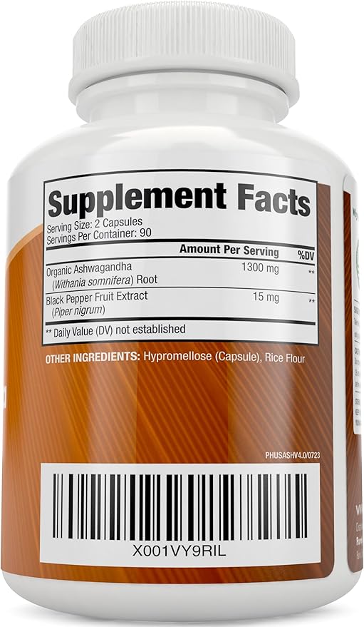 Purely Holistic Organic Ashwagandha 1300mg - 180 Vegan Capsules - 650mg of Ashwaganda per Capsule - 3 Month Supply - High Strength Ashwaganda Root Extract with Black Pepper