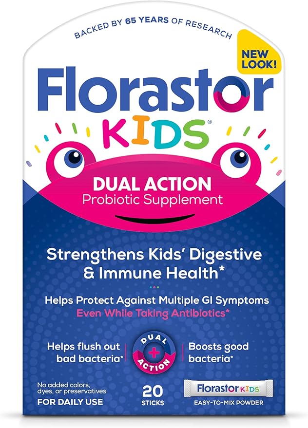 Florastor Kids Dual Action Probiotic Supplement Strengthens Kids' Digestive &amp Immune Health 20 Easy-to Mix Powder Sticks Packaging May Vary