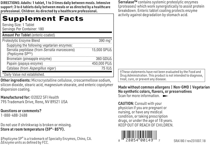 Klaire Labs SFI Health Serralase - Vegetarian Proteolytic Enzyme Blend with Serratia Peptidase &amp Bromelain for Digestion Sourced from Papaya &amp Pineapple Hypoallergenic (180 Enteric Coated Ta
