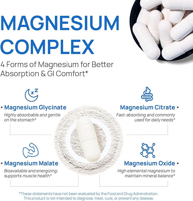 Selerb Magnesium Complex for Women and Men-GlycinateMalateCitrateOxide Supports Calm Sleep Muscle &amp Energy with D3 B6 Zinc Slippery Elm &amp DGL Gentle on Stomach 90 Capsules
