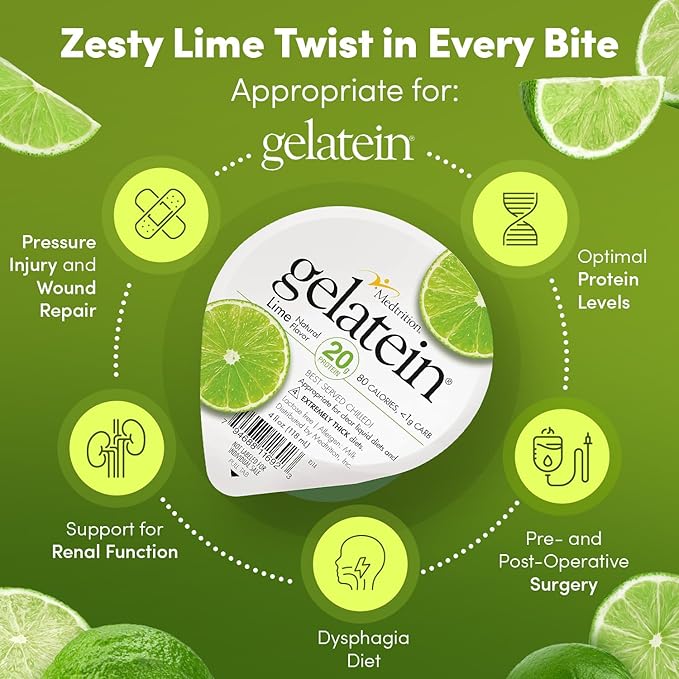 Gelatein Lime: 20 grams of protein. Sugar free. Ideal for clear liquid diets swallowing difficulties bariatric dialysis and oncology. Great pre or post-workout snack. (36 pack)