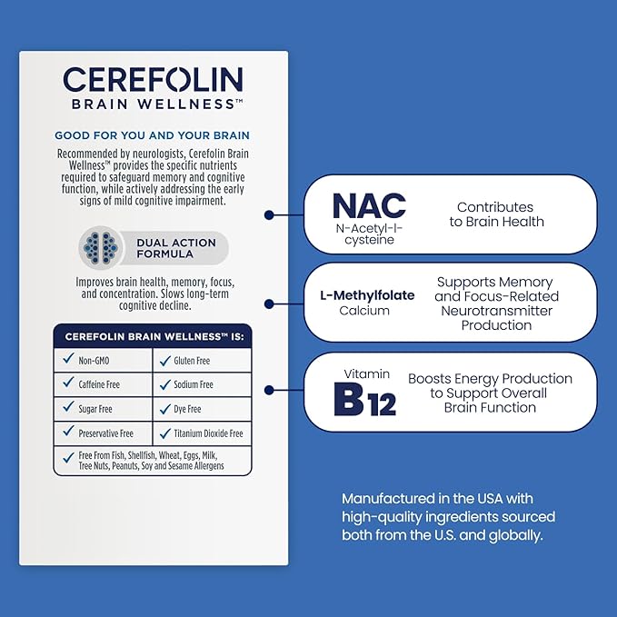 Cerefolin Brain Wellness Targeted Nutrition for Cognitive Support Improves Memory Focus &amp Concentration L-Methylfolate NAC B12 Neurologist Recommended (60 Count)