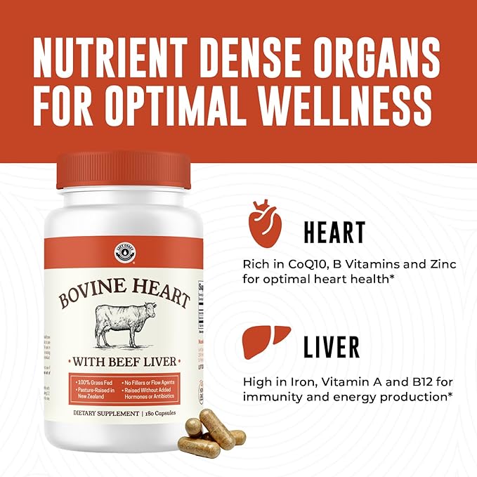 Left Coast Performance Grass Fed Beef Heart and Liver Supplement – Pasture-Raised in New Zealand No Fillers or Flow Agents – Natural CoQ10 &amp Iron Support - Beef Organ Supplement – 180 Capsules