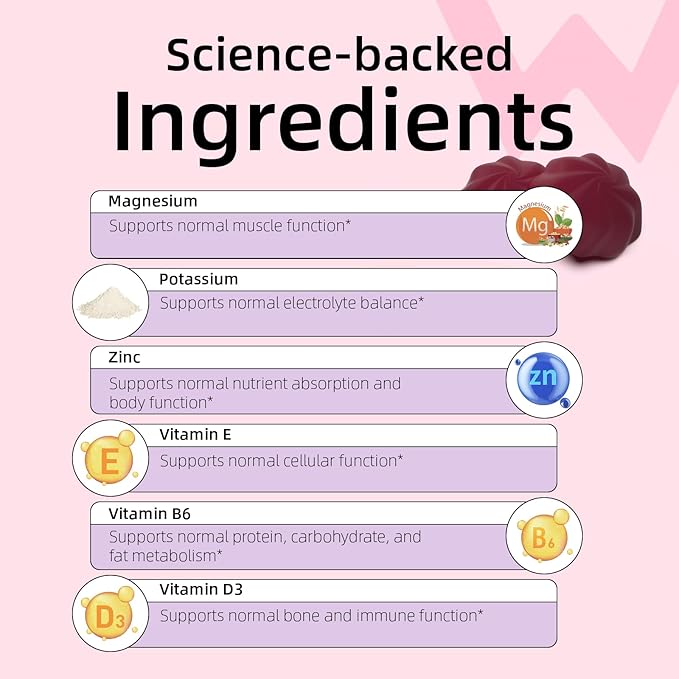 Wondermoon Magnesium Glycinate Gummies for Women with Vitamin D3 B6 Vitamin E Zinc &amp Potassium Blueberry Flavor 60 Gummies