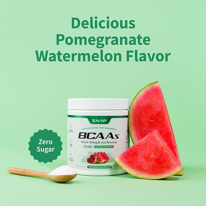Snap Supplements BCAA Powder - 5g Vegan Branched Chain Amino Acids (2:1:1 Leucine Isoleucine Valine) + Essential Amino Acids with Nitric Oxide Booster 30 Servings Pomegranate Watermelon