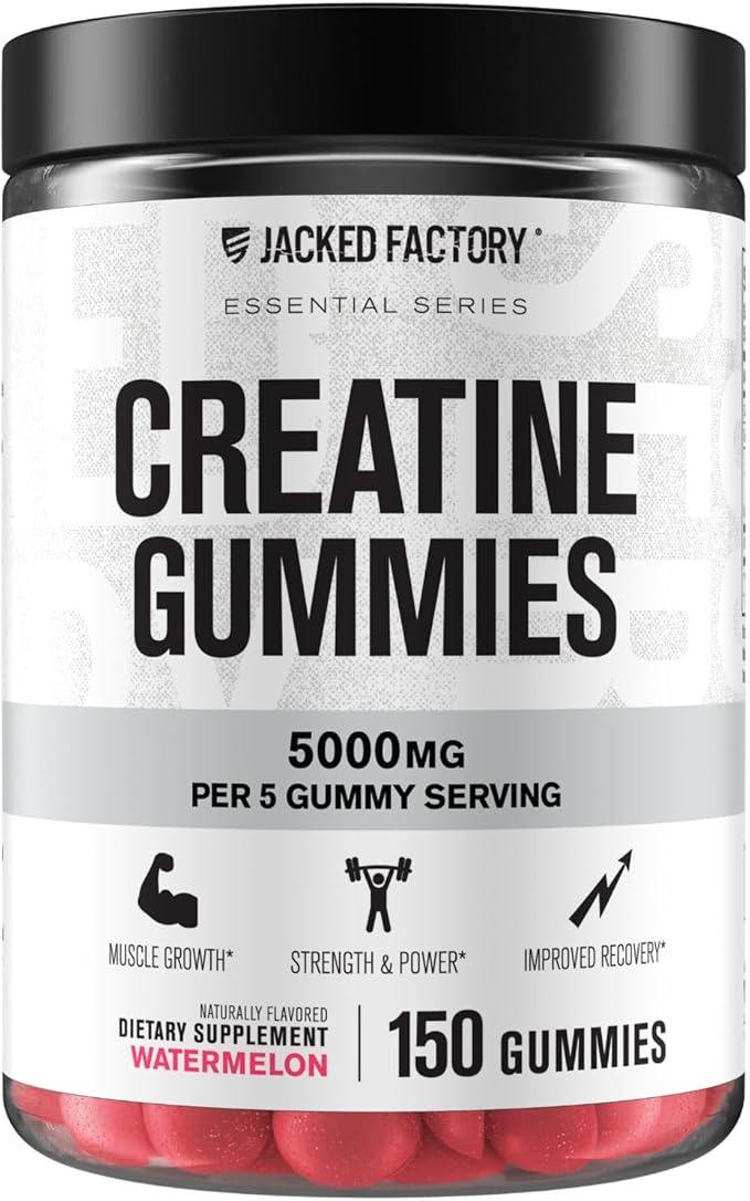 Jacked Factory Creatine Monohydrate Gummies 5g Daily Dose (1g per Gummy) - Creatine Gummy for Men and Women Vegan-Friendly Travel-Friendly Third-Party Tested - 150 Gummies Watermelon &amp Lemon