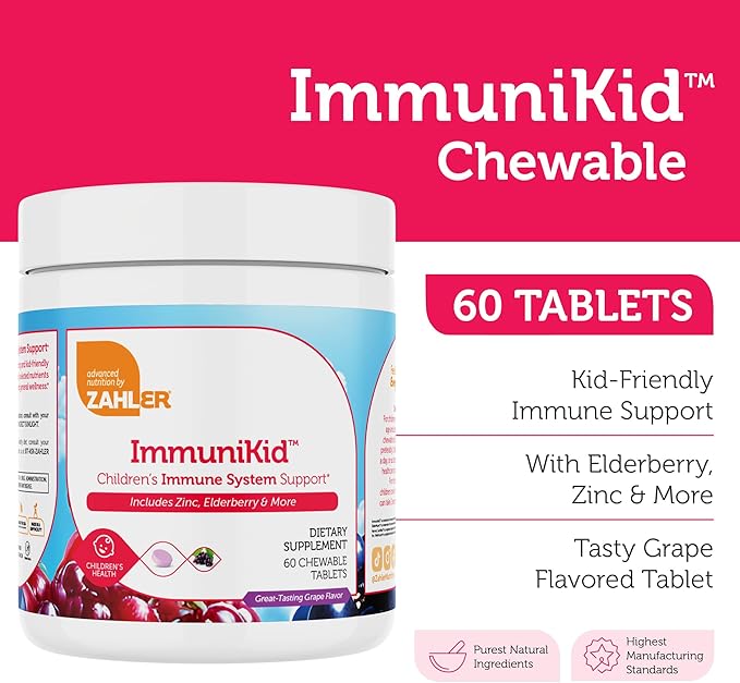 Zahler Kids Immune Support Supplement with Elderberry Zinc and Vitamin C D3 A - Grape Flavored Chewable Tablets - Kosher Children's Immune Support for Kids Ages 4 and Up 60 Count