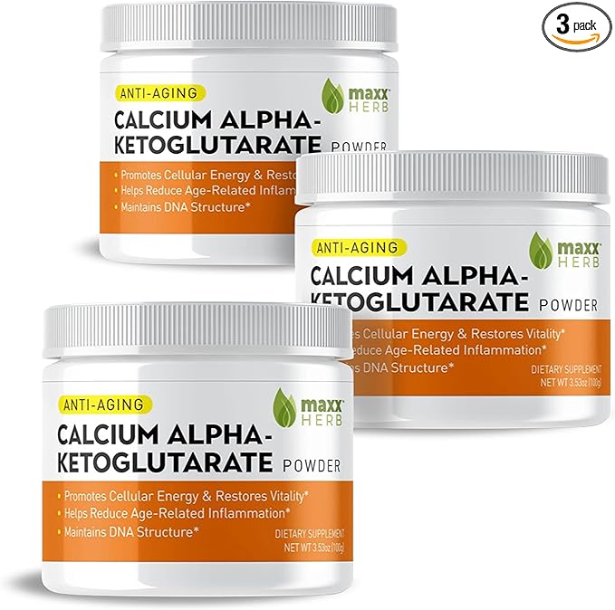 Maxx Herb Calcium Alpha - Ketoglutarate (Ca-AKG) Pure Calcium AKG Powder for Energy Vitality Mental Focus Clarity &amp DNA Structure Gluten Free - 100 Gram Jar (67 Servings) (3.53 Ounce (Pack of