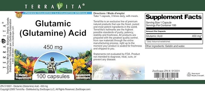 Glutamic (Glutamine) Acid - 450 mg (100 Capsules ZIN: 513331) - 3 Pack