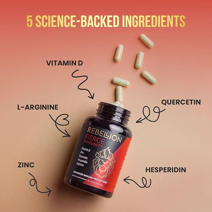 5-in-1 Fierce Immunity Supplement Immune Support Supplement and Boosters for Adults Vitamin C Quercetin Vitamin D Zinc L-Arginine Hesperidin Immunity Support 90 Capsules (1 Month Supply)