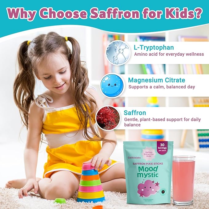 Saffron for Kids – Natural Mood Magic Pixie Stick Powder with Saffron Extract Magnesium Citrate L-Tryptophan &amp Vitamin D3 | Sugar-Free Fruity Drink Mix | 30 Sticks | Ages 4+