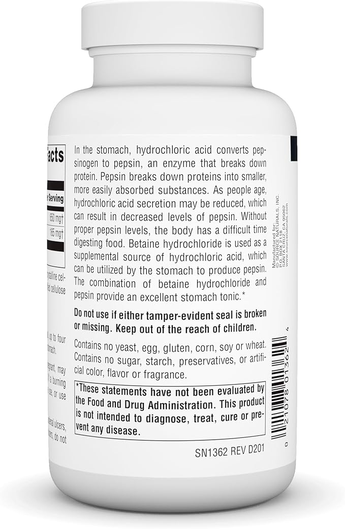 Source Naturals - Betaine HCl Hydrochloric Acid Source 650 mg. - 180 Tablets