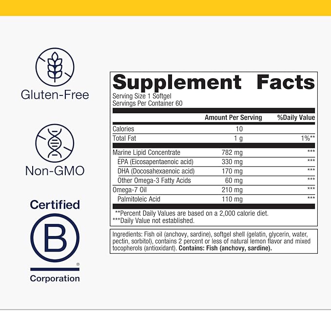 Metagenics OmegaGenics Mega 10 Omega Supplement- with Omega-7 330 mg EPA &amp 170 mg DHA for Heart Health*- Sustainably Sourced &amp No Fishy Aftertaste - Non-GMO &amp Gluten-Free - 60 Softgels