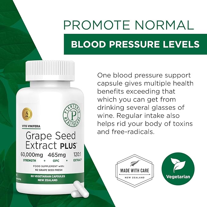 Grape Seed Extract Plus-Vitis Vinifera (60 Capsules)-60000 mg Strength 60 Vegan Capsules 465mg Polyphenols (Proanthocyanidins) Potent 120:1 2 Month Supply Non-GMO and All-Natural