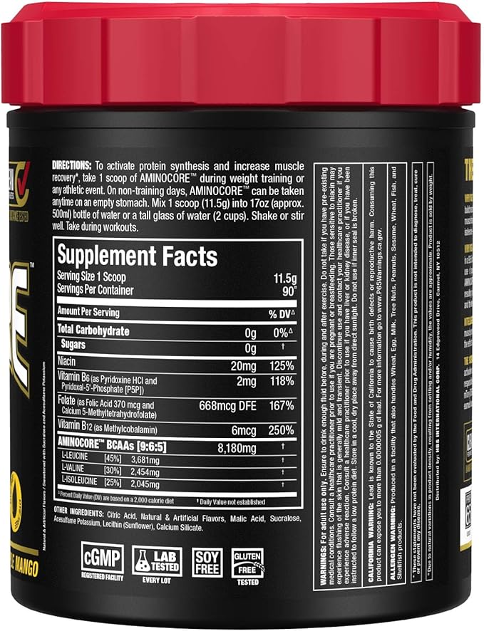 ALLMAX AMINOCORE BCAA Powder for Workout Muscle Recovery &amp Increased Endurance - Sugar Free No Fillers 8.18 Grams Bcaas Amino Acids B Vitamins for Women and Men- 90 Servings | Pineapple Mango 1