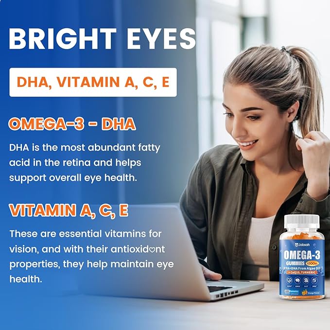Vegan Omega-3 Gummies 1000mg from Algae Oil (DHA 460mg &amp EPA 230mg) Omega 3 Fish Oil Alternative for Adults Plus Turmeric &amp CoQ10 for Brain Eye &amp Immune Health No Fishy Taste Sugar Fr