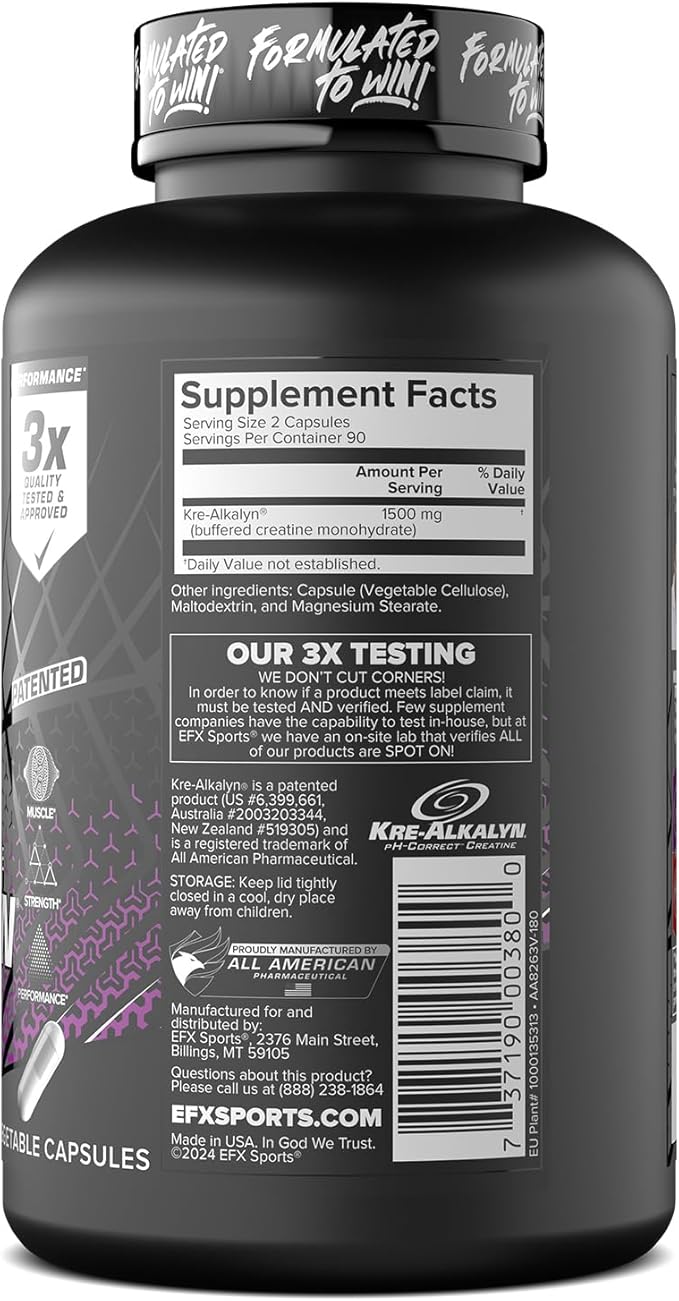 EFX Sports Kre-Alkalyn EFX | pH Correct Creatine Monohydrate Pill Supplement | Vegan Friendly | Strength &amp Muscle Growth | 90 Servings 180 Veggie Capsules (Pack of 2)