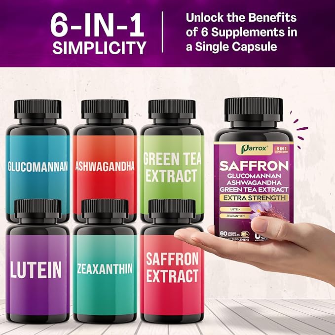 Saffron Supplement with Glucomannan Ashwagandha Green Tea Extract Zeaxanthin &amp Lutein Vision Support &amp Daily Wellness Formula Extra Strength Plant-Based Capsules 4 Month Supply (2 Pack)