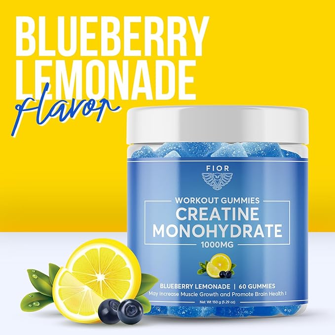 FIOR Creatine Gummy - Best Creatine Monohydrate Chewable 60 Count Workout &amp Protein Supplement Cognitive Enhancement Blueberry Lemonade Flavor 30 Servings