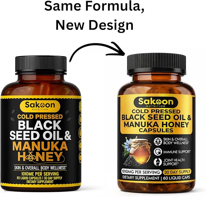 Black Seed Oil Capsules - With New Zealand Manuka Honey Cold Pressed Turkish Nigella Sativa Oil 2% Thymoquinone Immune &amp Digestive Support Made in USA 60 Count 1010mg per serving