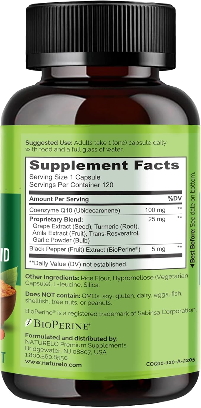 NATURELO Whole Food CoQ10 with Heart Health Blend Powerful Antioxidant for Energy Production 120 Capsules (Pack of 2)