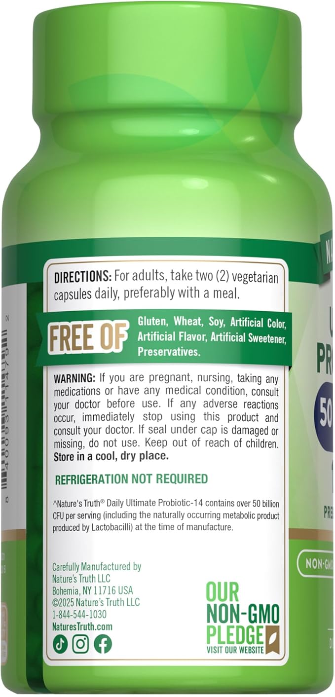 Nature's Truth Probiotic for Women and Men | 50 Billion CFU | 14 Probiotic Strains | 60 Capsules | Stomach Friendly | 200mg Prebiotics | Vegetarian Non-GMO &amp Gluten Free Supplement